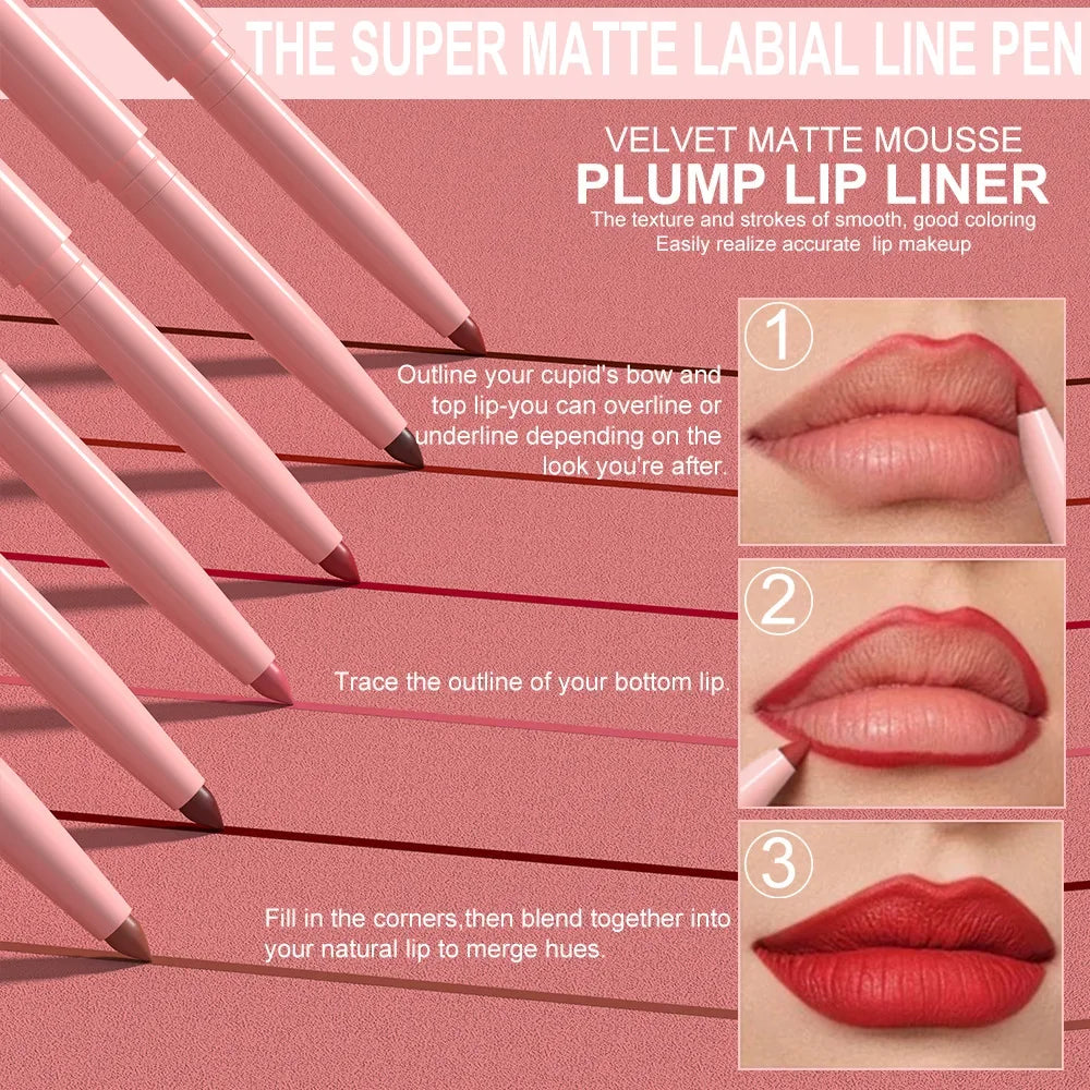 6pcs Matte Lip Liner Set Nude Brown Smooth Rose Red Pigmented Long Lasting Rotatable Lipstick Pencil Kit for Smooth Finish