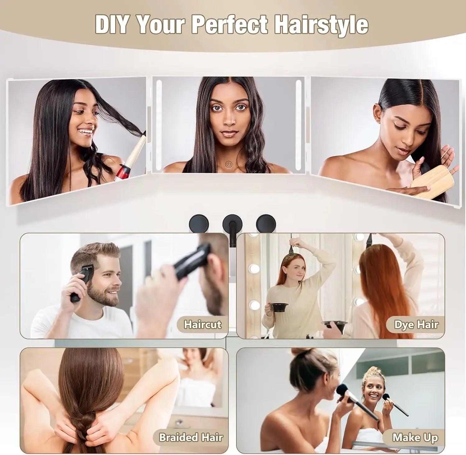 3 Way LED Makeup Mirror for Self Hair Cutting Rechargeable 360° DIY Self Haircut Mirror with Lights and Height Adjustable Hooks