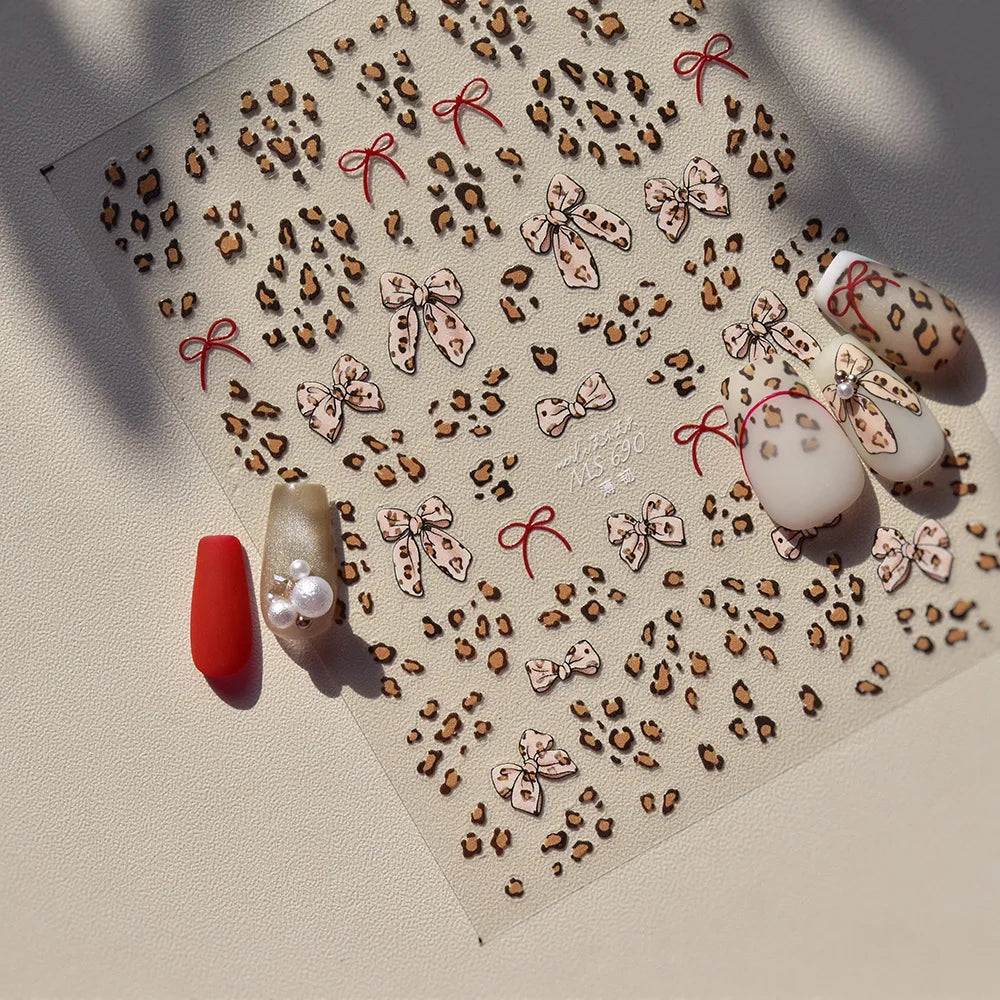 Autumn Winter Leopard Print Bow Nail Art Stickers 3D Thin Tough Nail Sticker Cute Bow Self Adhesive Nails Decorations Decals DIY
