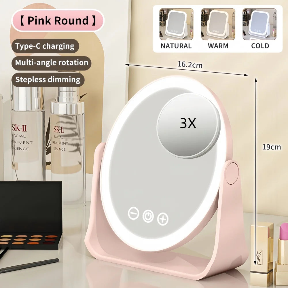 LED Makeup Mirror, Portable Flip Lighted Vanity Mirror with Touch Dimming, 3X Magnifier and Rechargeable Design for Desk