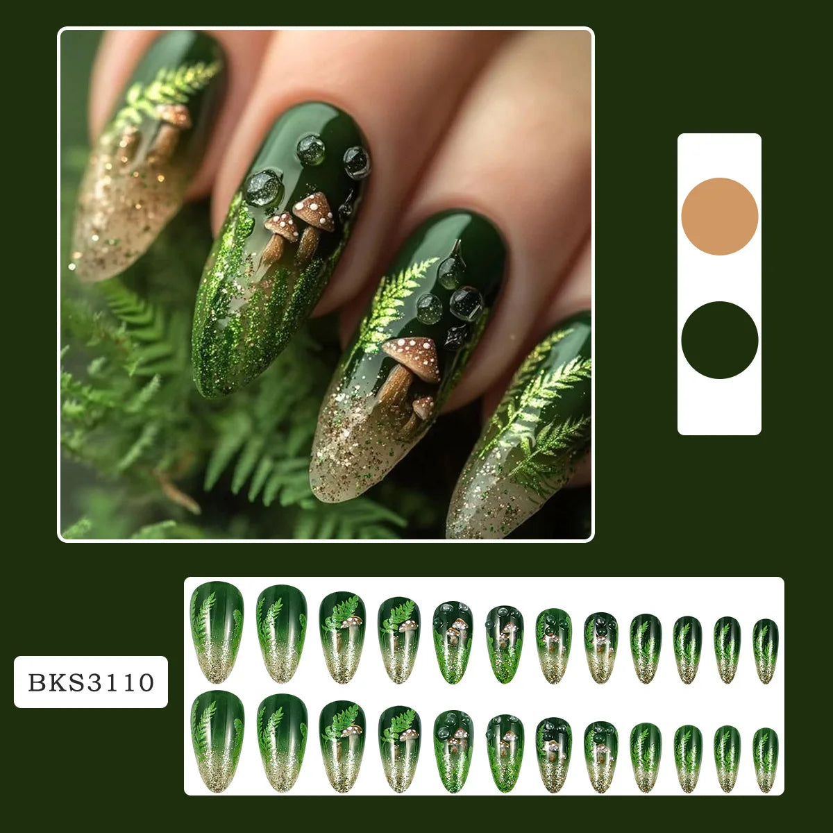 24pcs Glossy Almond False Nails Dark Green Forest Mushroom Pattern Press On Nails Gold Sequins French Style Wearable Fake Nail