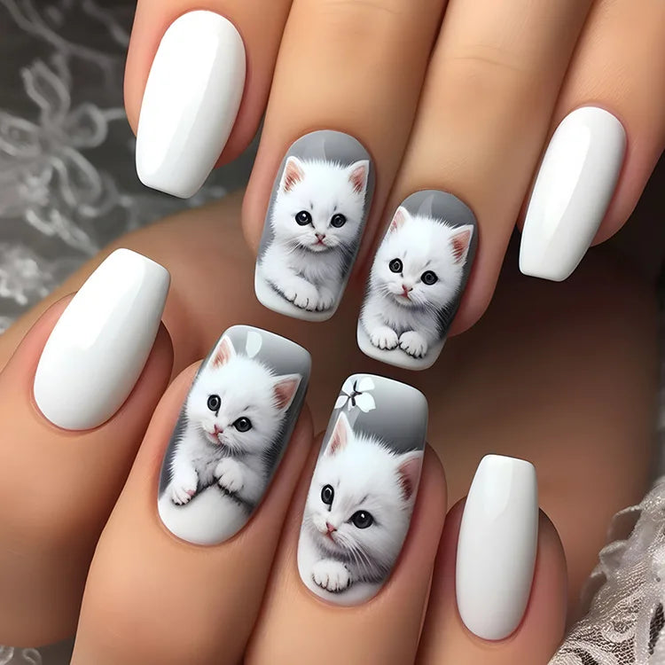 24Pcs Pink Cat Blue Love Cute Short Ballet Press on False Nails Sweet French Cat Eye Bow Star Designs Style Detachable Nails Set