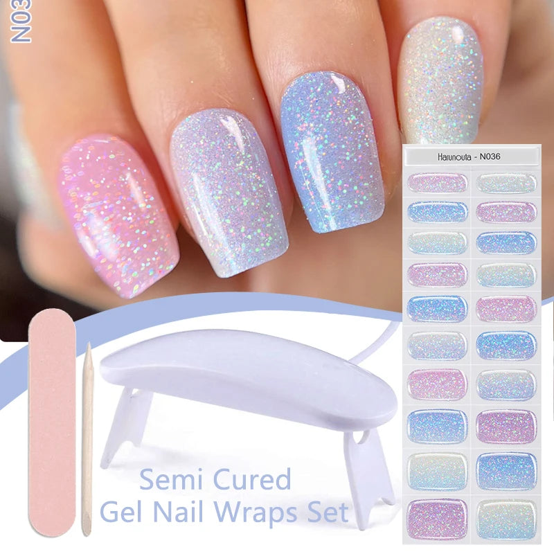 Harunouta 4pcs/set Gradient Jelly Semi Cured Gel Nail Strips with Nail Lamp Nude Pink Waterproof Nail Stickers Long Lasting Wrap