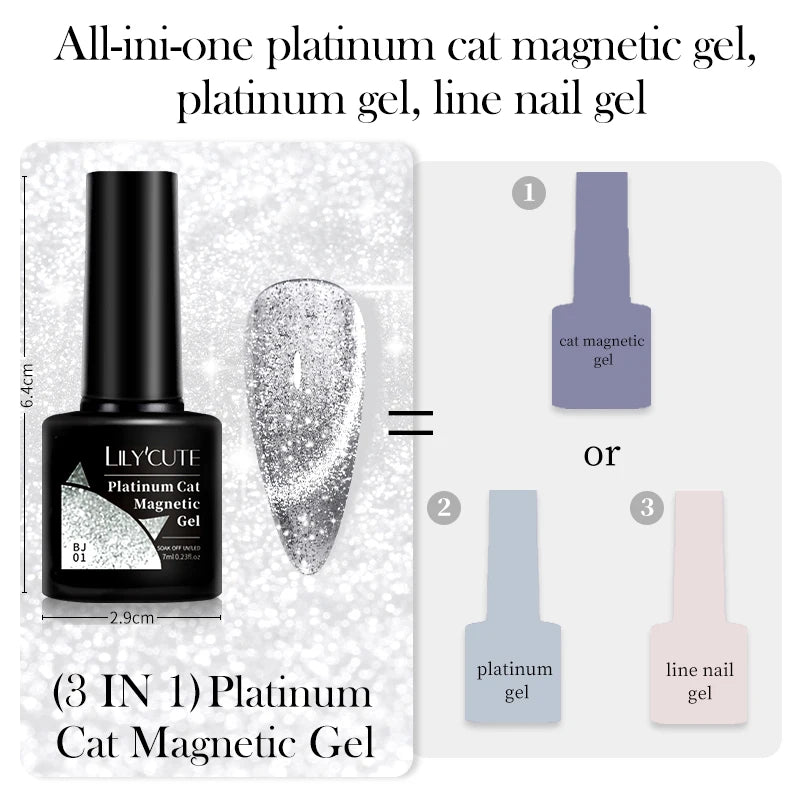 LILYCUTE 7ML 3 IN 1 Platinum Cat Magnetic Gel Nail Polish Silver Moonlight Magnetic Nail Sparkling Glitter Semi Permanent UV Gel