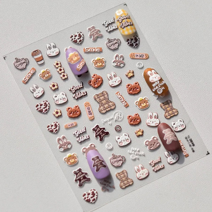 1pcs 5D Japanese Kawaii Bear Nail Art Stickers Brown Cartoon Animals Self-Adhesive Nail Decoration Decals DIY Slider Accessories