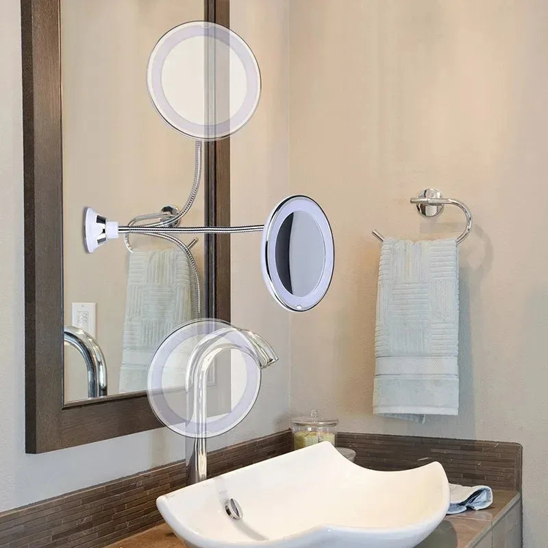 10X Magnifying LED Makeup Mirror with Gooseneck – Suction Cup Mount, Diffused Light & 360° Swivel for Bathroom & Vanity