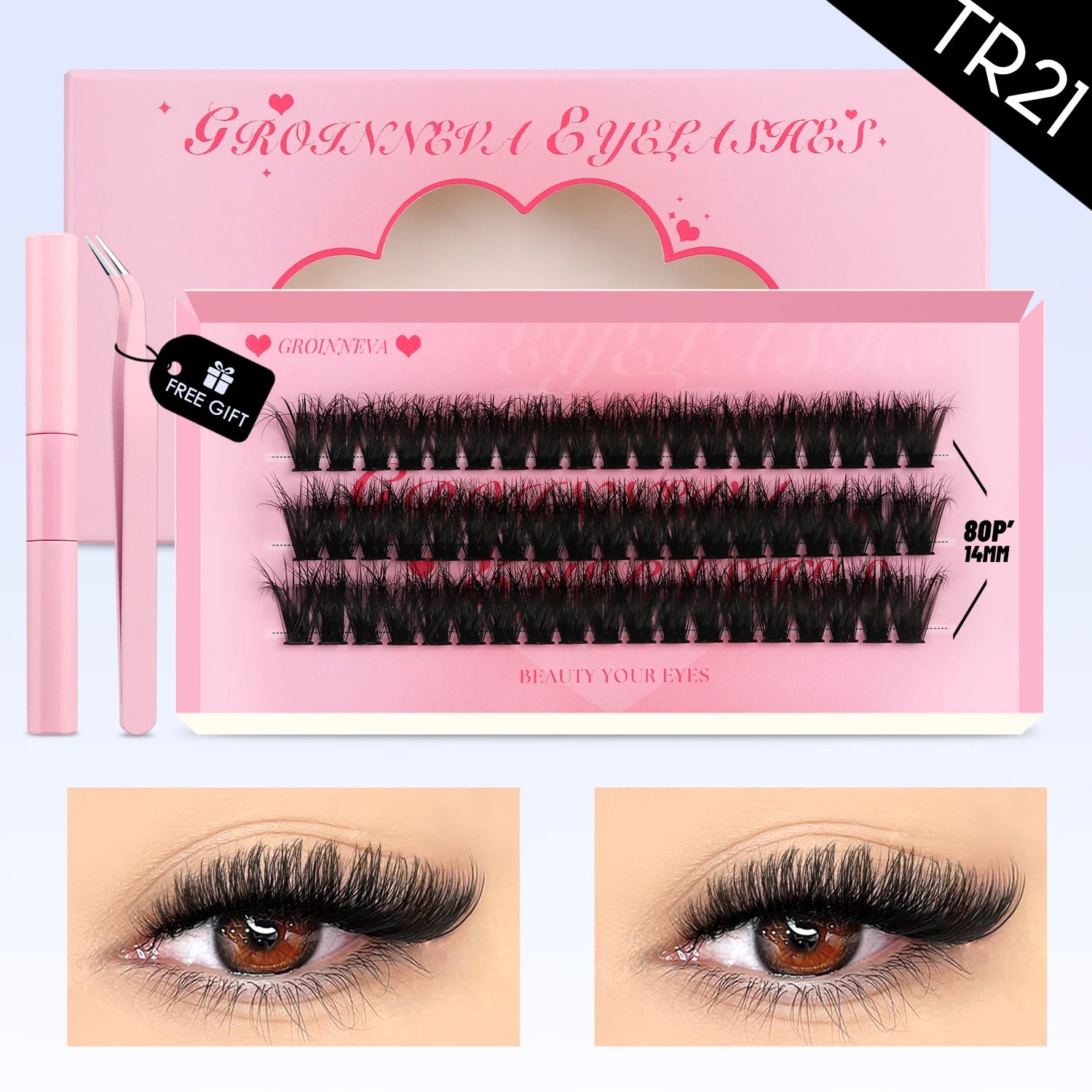 GROINNEYA DIY Eyelash Extension Kit Lashes Clusters Set Mix Eyelashes Full Set With Lash Bond&Seal and Eyelash Tweezers Makeup