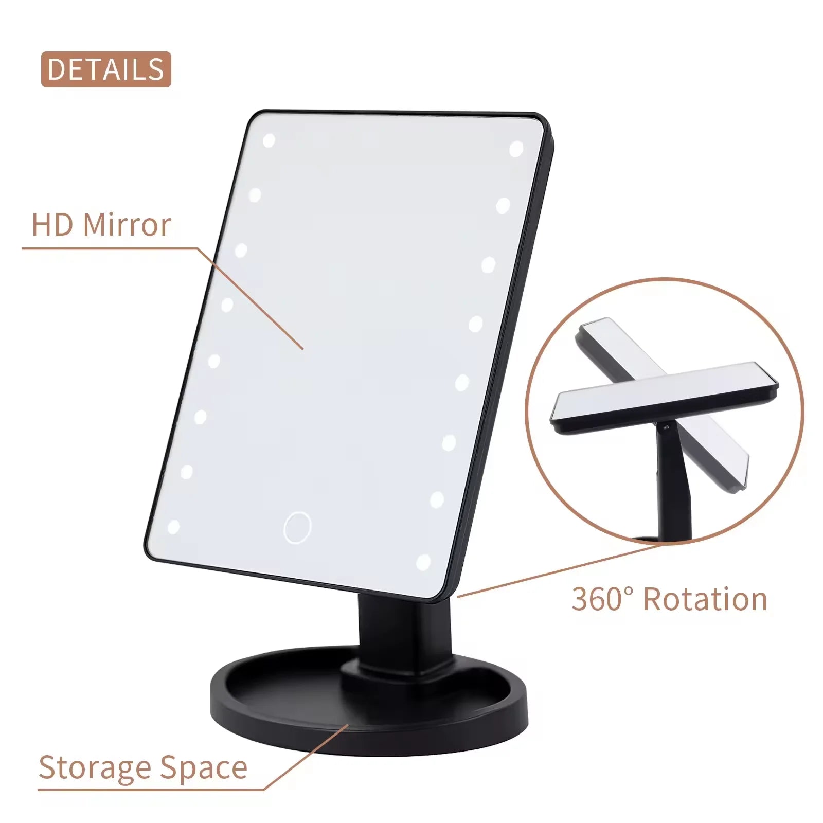 Vanity Lighted Makeup Mirror Square with stand, Desktop Beauty LED Cosmetic Mirror with Touch Screen Handheld Compact for Gifts