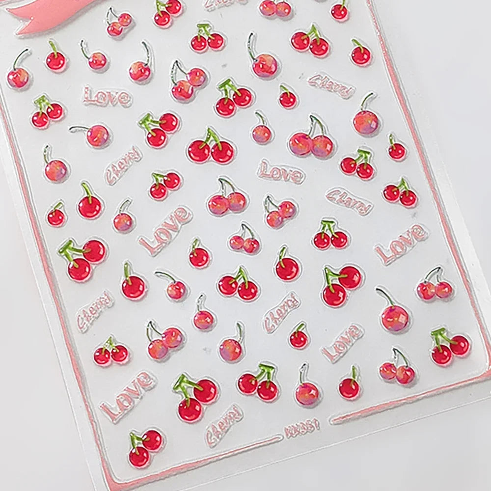 Cute Juicy Red Cherry Bowknot 5D Nail Art Stickers Lovely Shiny Crystal Rhinestone Self Adhesive Decoration Manicure Decal DIY