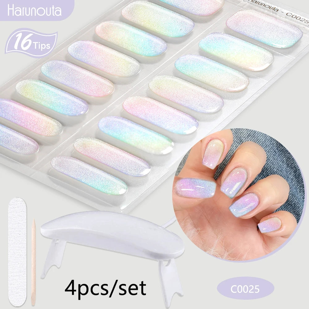 Harunouta 4pcs/set Gradient Jelly Semi Cured Gel Nail Strips with Nail Lamp Nude Pink Waterproof Nail Stickers Long Lasting Wrap