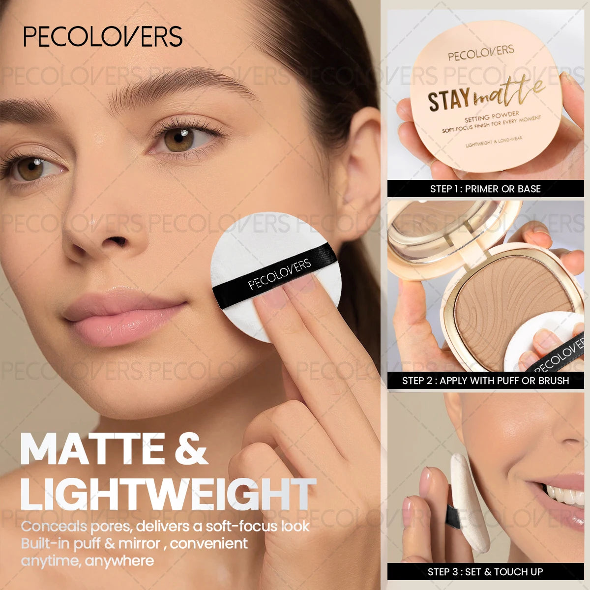Pressed Powder Foundation, Waterproof, Matte Finish, Full Coverage, Non-Sticky, for All Skin Types, Light to Medium Tone