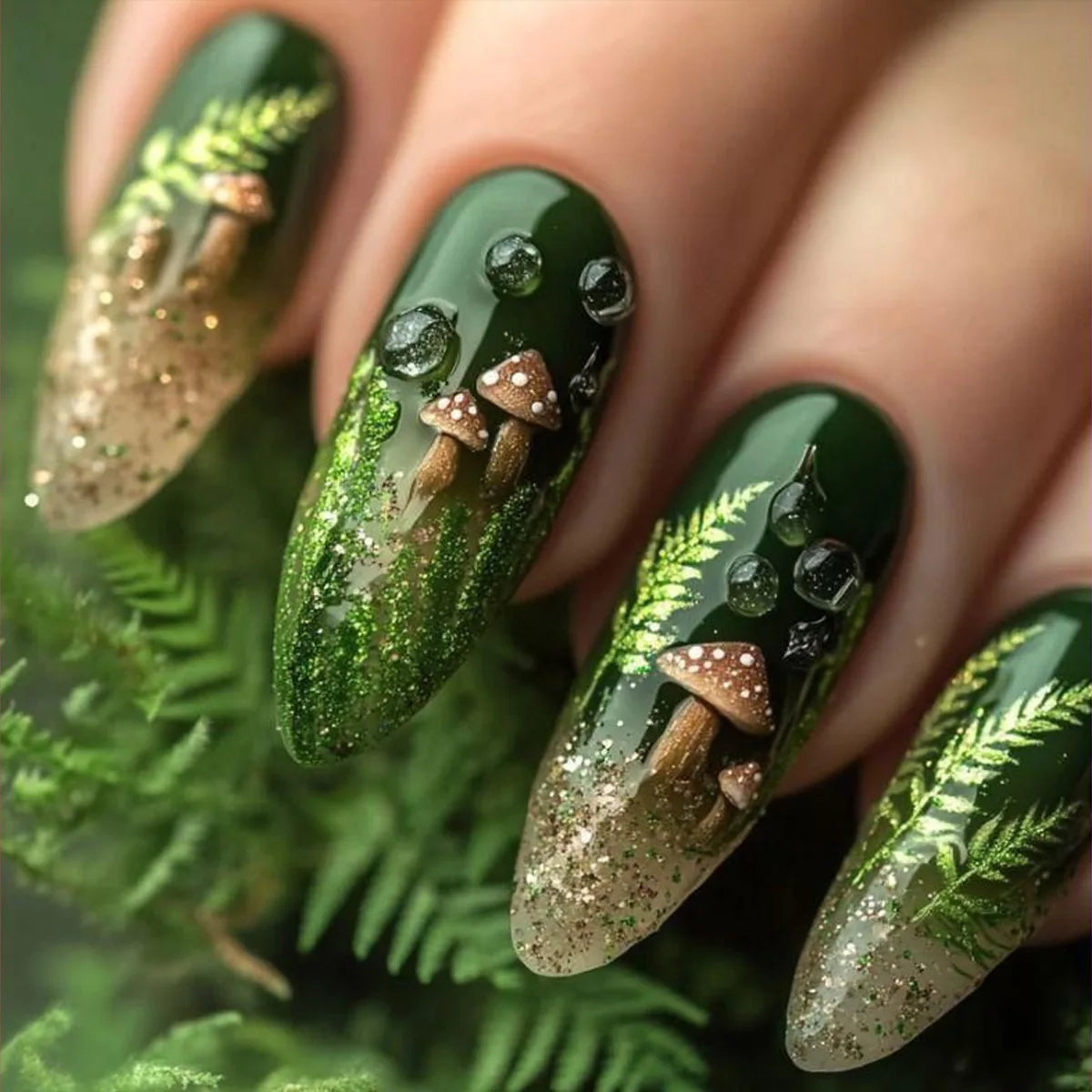 24pcs Glossy Almond False Nails Dark Green Forest Mushroom Pattern Press On Nails Gold Sequins French Style Wearable Fake Nail