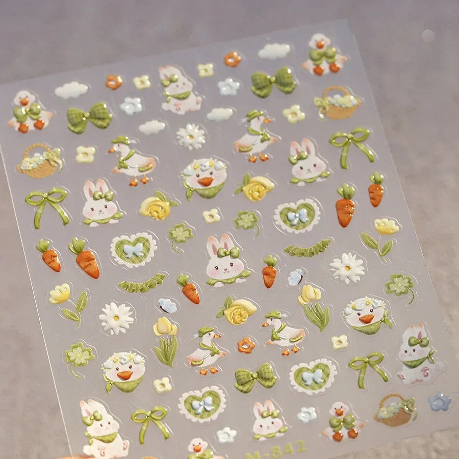 Lovely Animal Graffiti Cat Claw Rabbit Bunny Bear Dog Flower Fruit Dim Sum Candy Sunflower Adhesive 5D Nail Art Stickers Decal