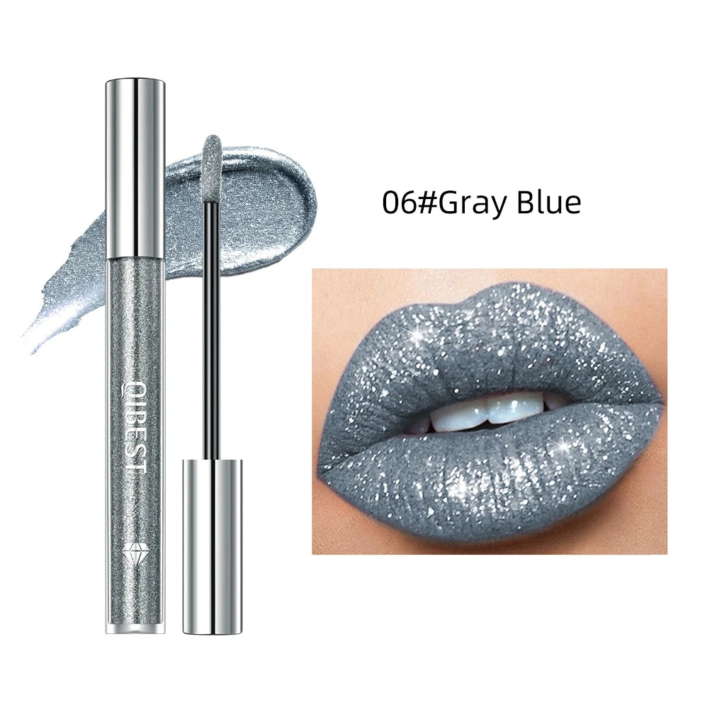 QIBEST Diamond Liquid Lipstick Lip Tint 6 Colors Moisturizing Long-Lasting Makeup Gray Sparkling Waterproof Lip Gloss Cosmetics