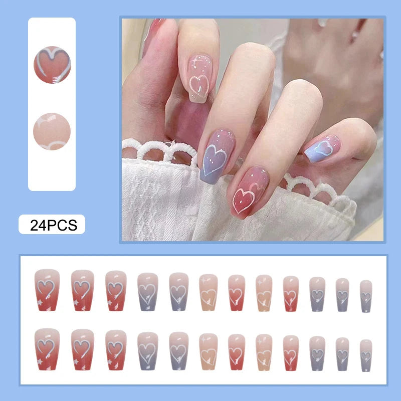 24pcs Y2k Star Press On Nails Gradient Black Mid-length Coffin False Nail Tips Full Cover Moon Designs Fake Nail For Cool Girls