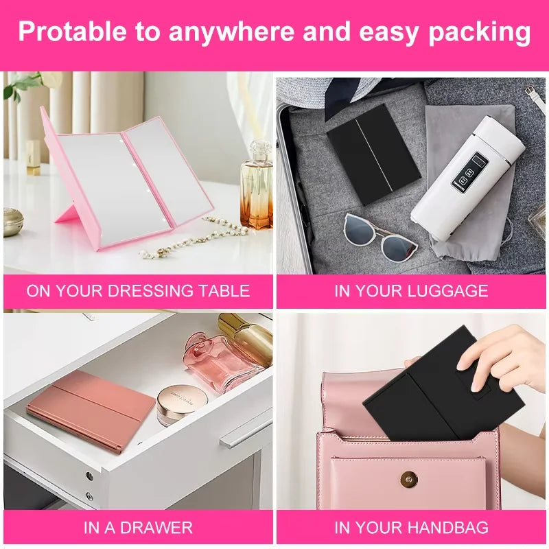 Get the Perfect Look Anywhere with the Portable Three-Sided LED Makeup Mirror - Ideal for Travel and Touch-Ups!