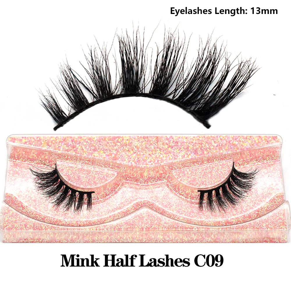 3D Mink Fluffy Half False Eyelashes Natural Soft Lightweight Clear Band Half Eye Strip Lashes Reusable Short Eyelashes Extension