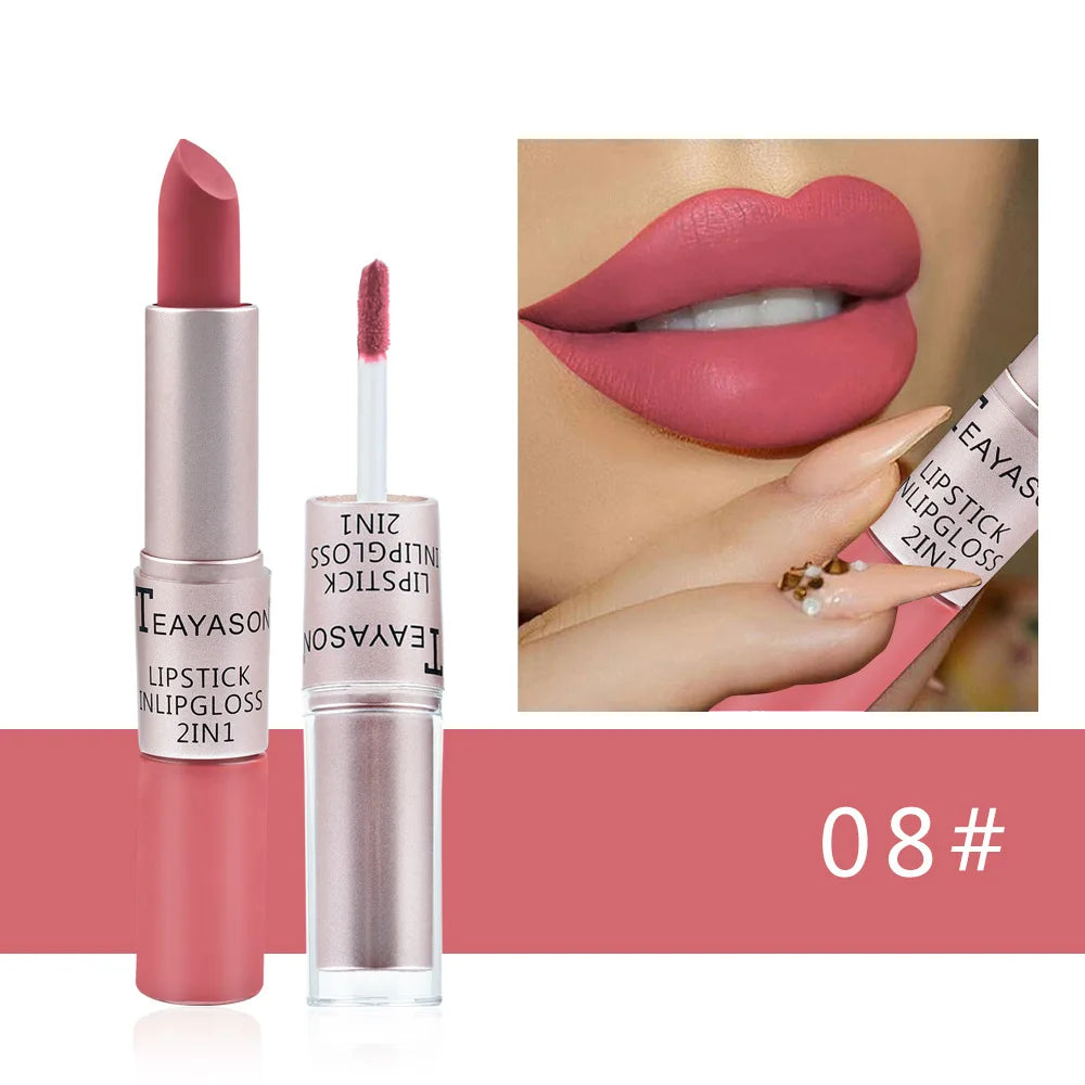 1Pc Long Lasting Velvet Matte Lipstick Double Head Lip Gloss Non-stick Cup Lip Gloss Waterproof 2 in 1 Matte Red Lipstick Makeup