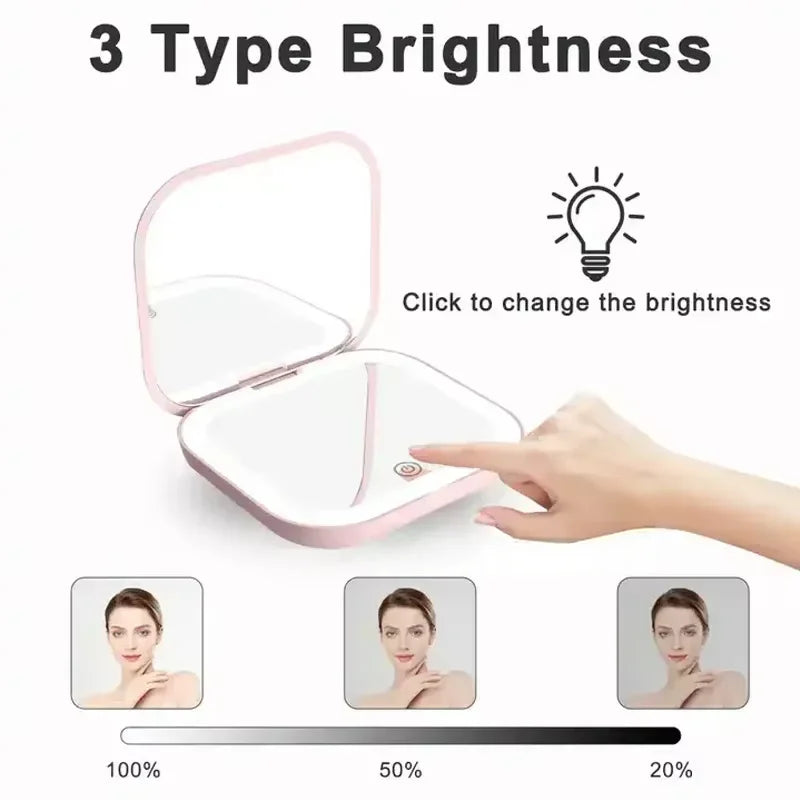 2X magnifying Compact Vanity Makeup Mirror with Lights Travel Mini Folding Portable Handheld Pocket LED Cosmetic Mirror for Gift
