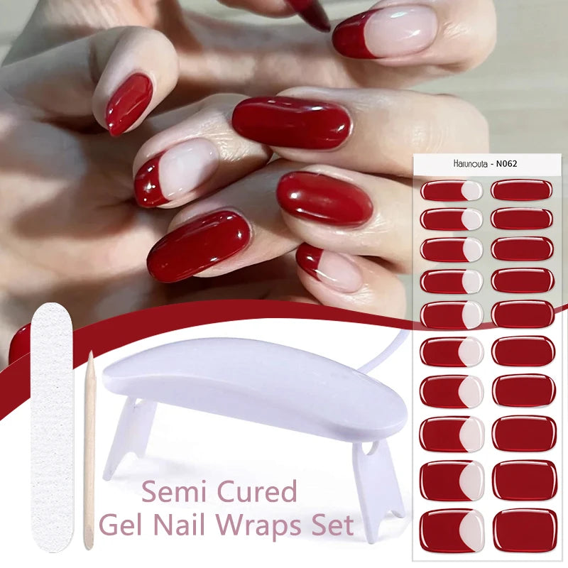 Harunouta 4pcs/set Gradient Jelly Semi Cured Gel Nail Strips with Nail Lamp Nude Pink Waterproof Nail Stickers Long Lasting Wrap