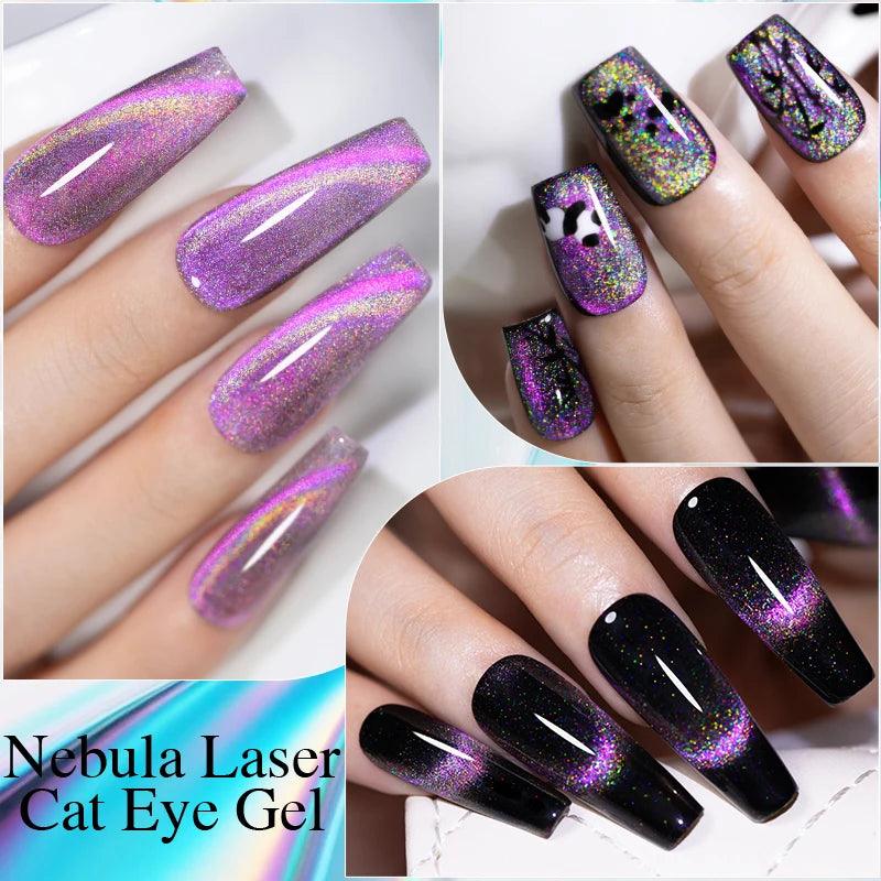 7.5ML Sparkling Rainbow Cat Magnetic Gel Nail Polish Pinkish Purple Laser Cat Eye Gel Soak Off UV Nail Art Varnish For Manicure