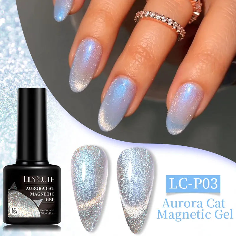 LILYCUTE 7ML 3 IN 1 Platinum Cat Magnetic Gel Nail Polish Silver Moonlight Magnetic Nail Sparkling Glitter Semi Permanent UV Gel