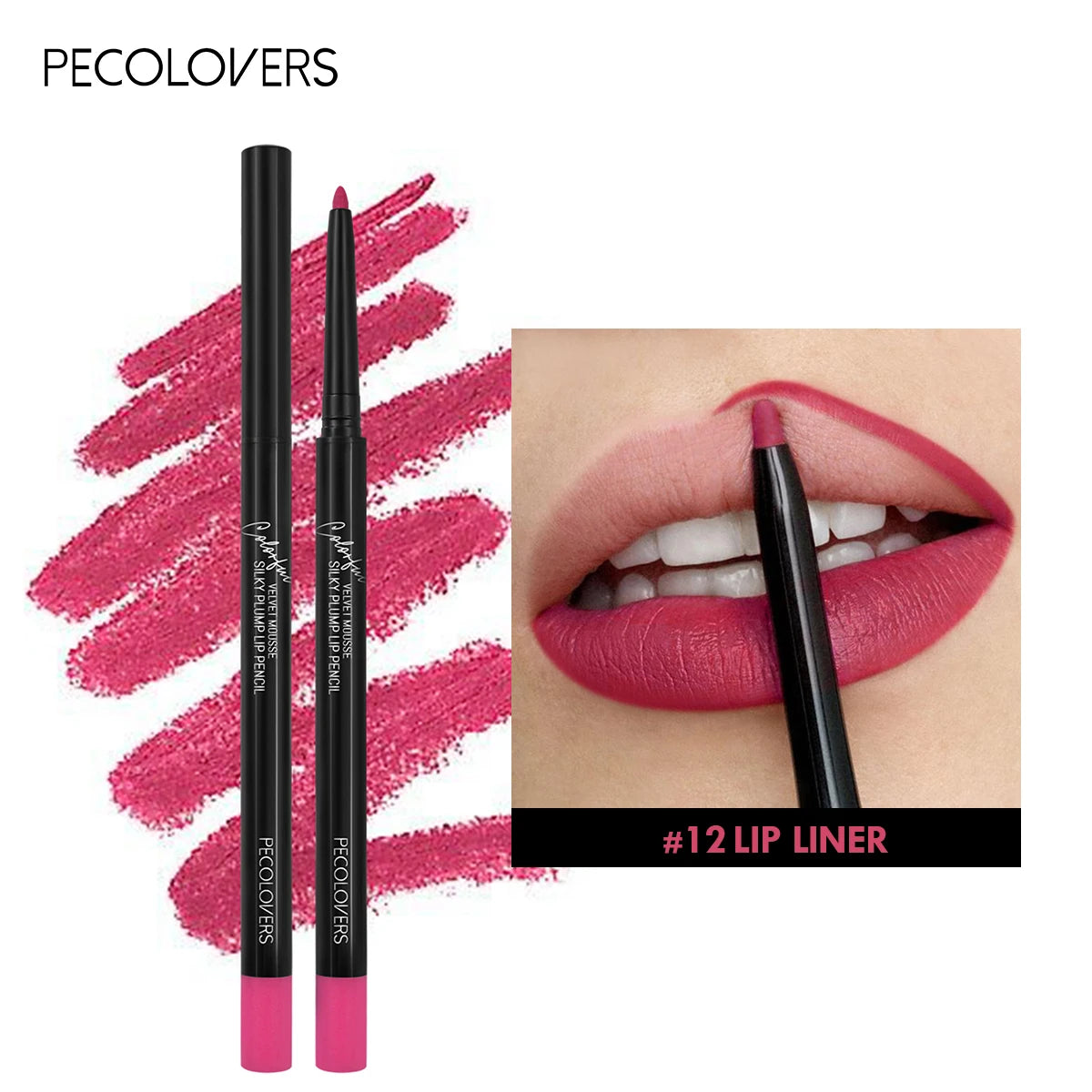 12 Colors Lip Liner , Matte Dewy Finish Long Lasting Waterproof Smudge Proof Lip Liner