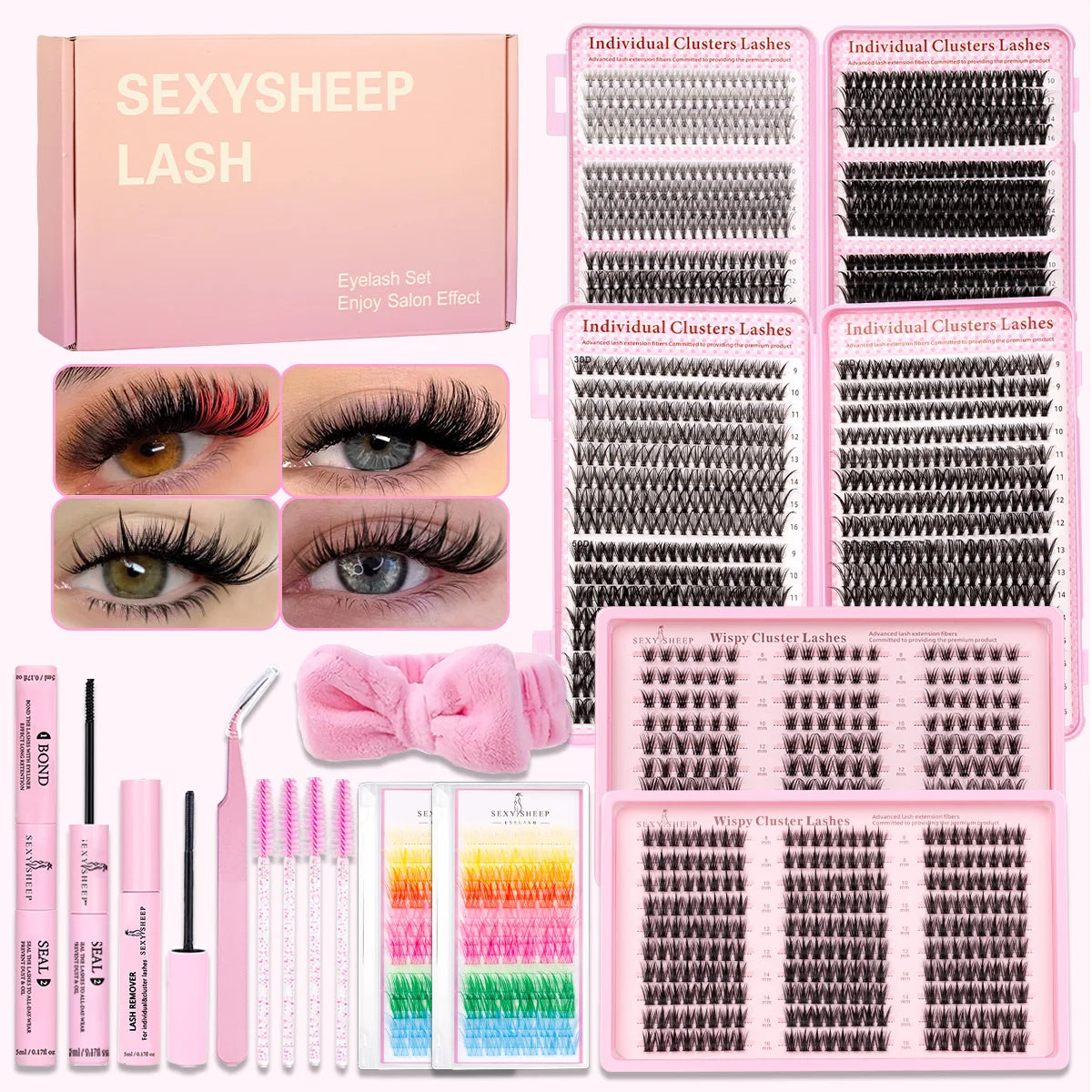 DIY Lash Clusters Kit Mixed Styles Eyelash Extension Full Set Individual Lashes with Lash Bond&Seal and Tweezers Makeup Tool