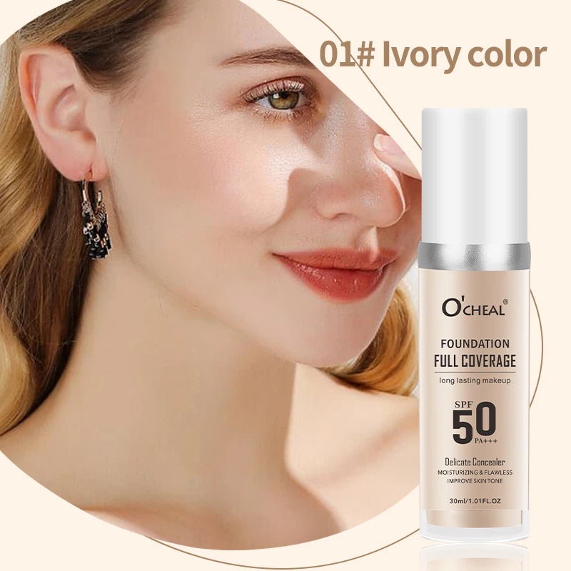 O‘CHEAL 50PA+++ Liquid Foundation Cream Lasting Coverage Makeup Concealer Moisturizing Bright Skin Tone Hydrating Beauty Cream