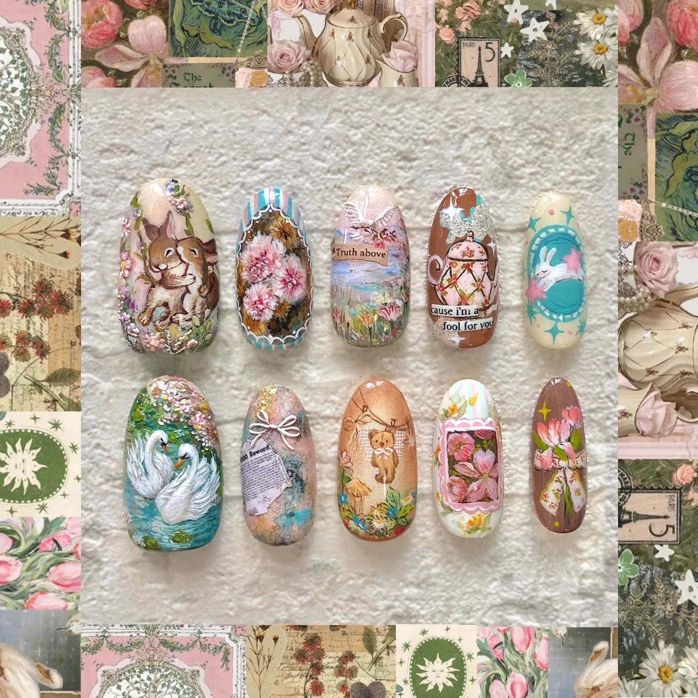 24pcs Flower Print Press on Nails Wine Red Blush Almond False Nail Tips Wearable Reusable Summer Spicy Girl Fake Nails