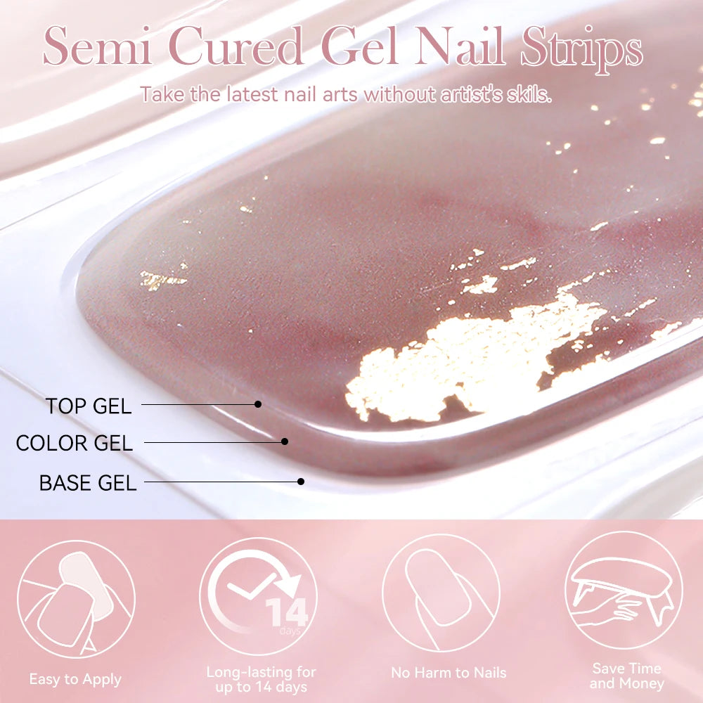 Harunouta 4pcs/set Gradient Jelly Semi Cured Gel Nail Strips with Nail Lamp Nude Pink Waterproof Nail Stickers Long Lasting Wrap