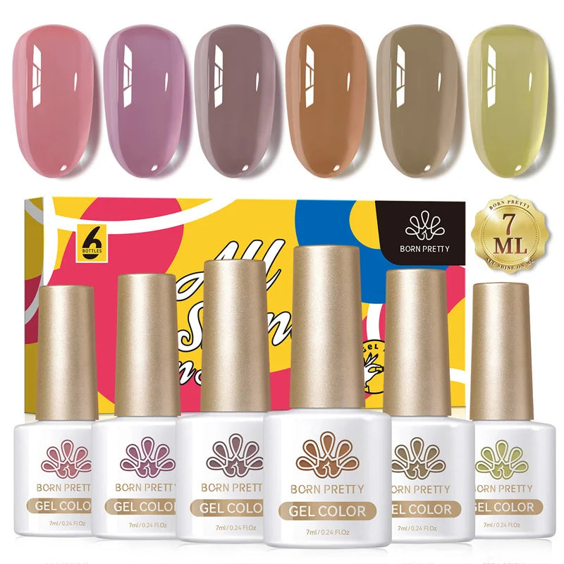 BORN PRETTY 6pcs Crystal Amber Gel Nail Polish Set Jelly Pink Nude Winter Semi Permanent Soak Off UV LED Varnish Manicure Kits