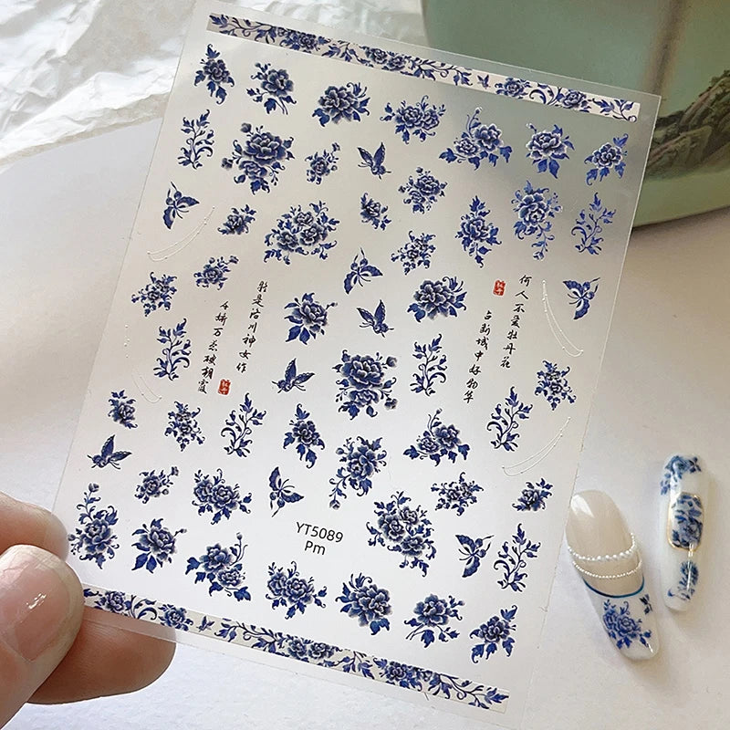 Blue White Porcelain Chinese Style Sticker 3D Self Adhesive Nail Art Sticker Flower Silverback Adhesive Manicure Decal Salon DIY