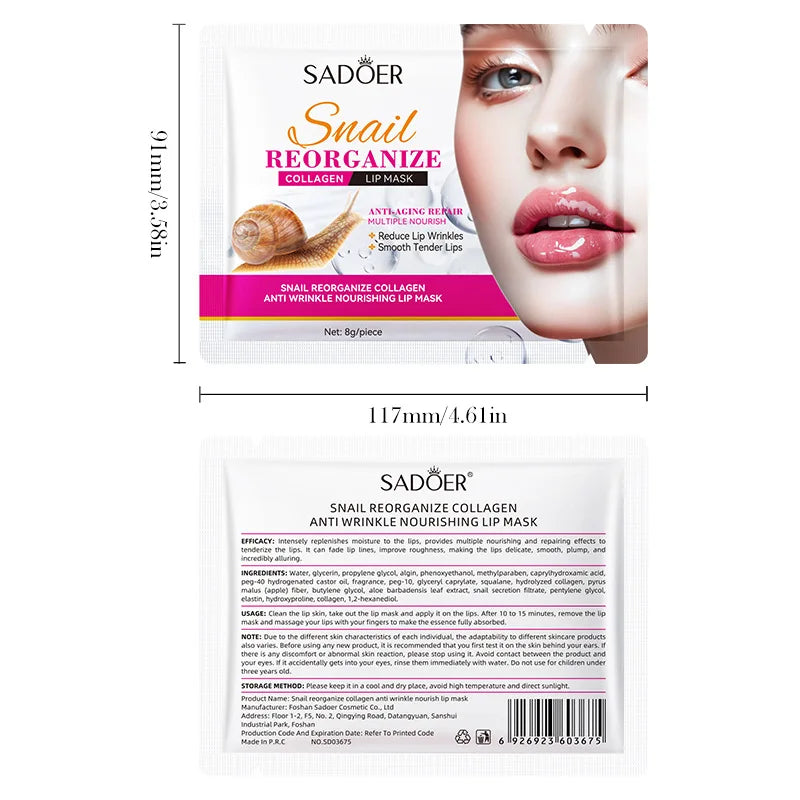 10pcs SADOER Snail Crystal Collagen Lip Mask Anti Wrinkle Nourishing Plump Lips Moisturizing Lip Patches Skin Care