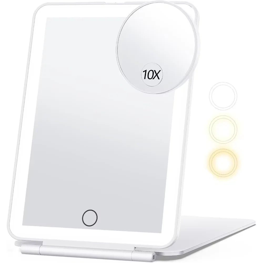 LED Folding Travel Makeup Mirror 3 Colors Light Modes USB Rechargeable Touch Screen Portable Tabletop Cosmetic Mirror