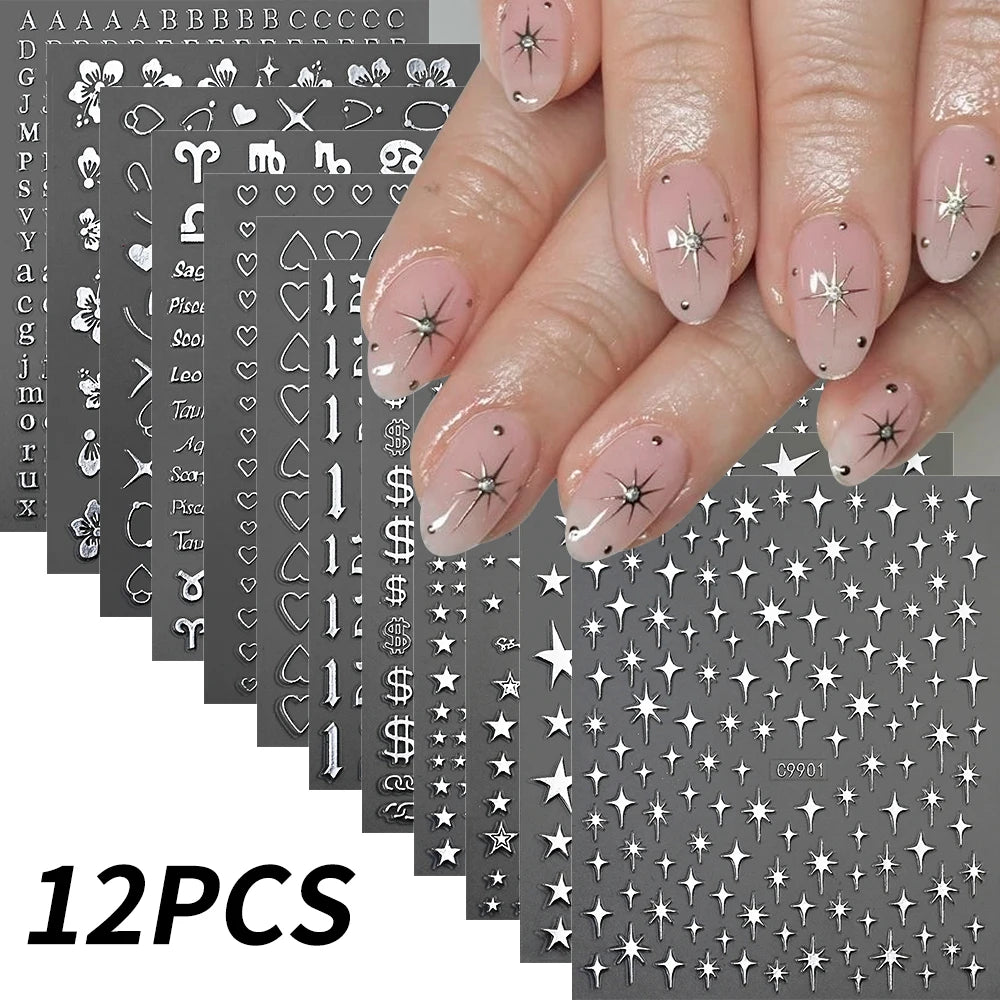 12pcs Bronzing Laser Star Nail Stickers 3D Alphabet/Heart/Flower Nail Art Self-Adhesive Sliders DIY Gradient Manicure Y2K Decals