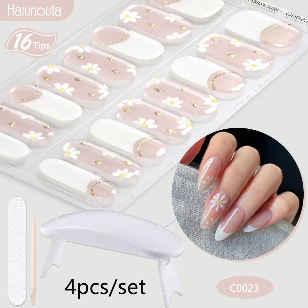 Harunouta 4pcs/set Gradient Jelly Semi Cured Gel Nail Strips with Nail Lamp Nude Pink Waterproof Nail Stickers Long Lasting Wrap
