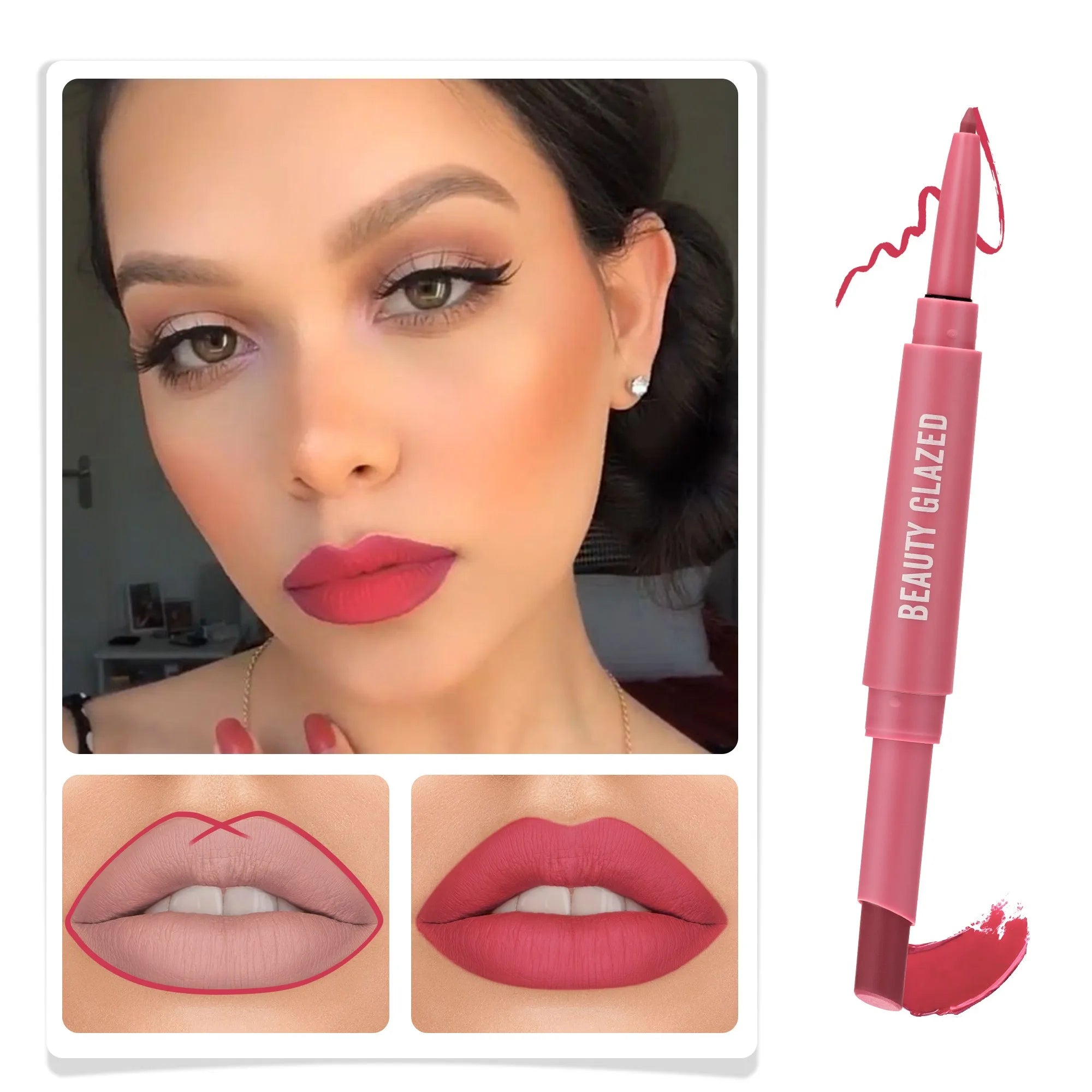 Lip Liner And Lipstick Pen, 2-in-1 Double-headed Lipstick Set , Waterproof Long Lasting Matte Lipstick Gift, Suitable For Daily