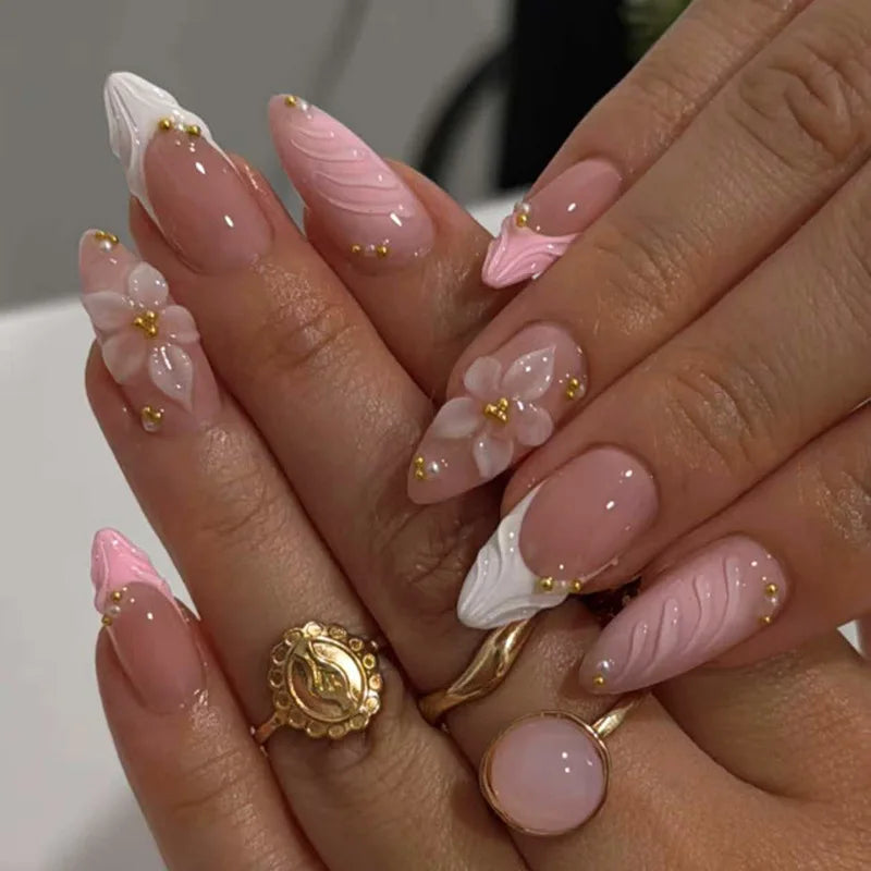 24Pcs 3D Strawberry Rabbit Flower Fake Nails Press on Mid-length Almond Wearable False Nails Green Gradient Pearl Manicure Tips