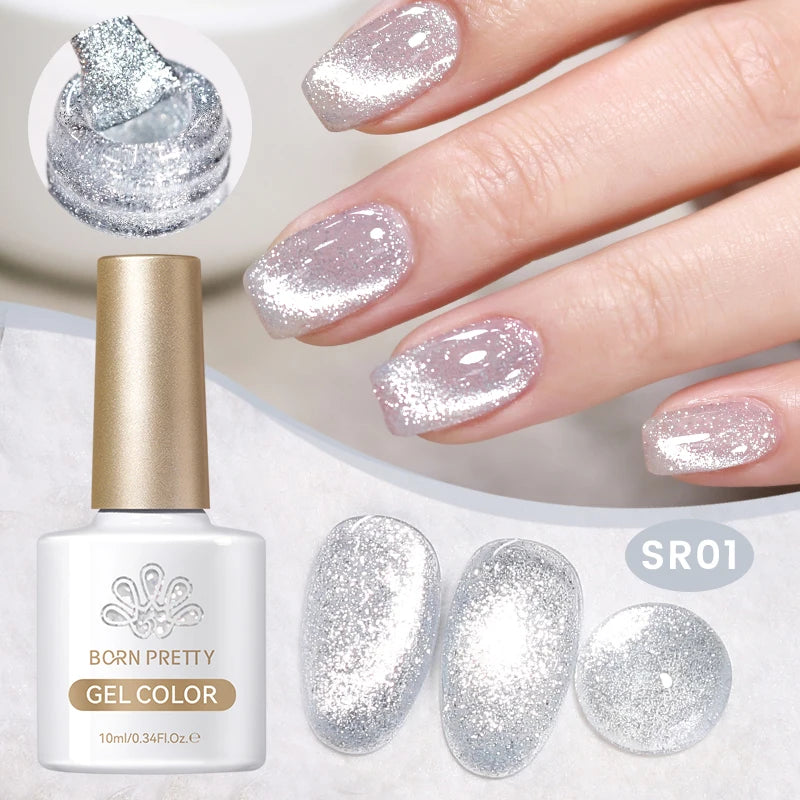 BORN PRETTY 10ml Silver Shining Reflective Cat Magnetic Gel Nail Polish Crystal Glitter Soak Off UV LED Nail Art Gel Varnish