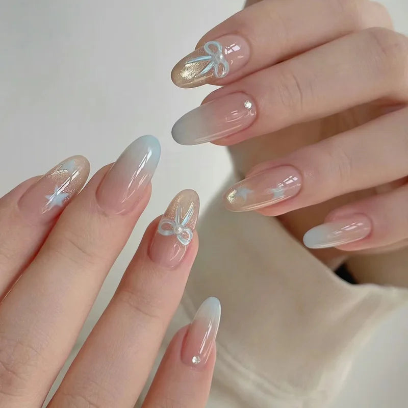 24Pcs Short Oval Head Blush Pink Press on Nails with Simple Designs Almond Nails Wearable Acrylic Full Cover Nail Tips with Glue