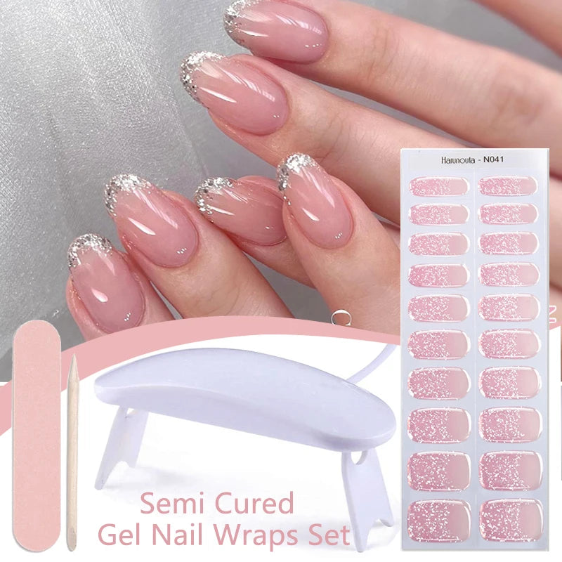 Harunouta 4pcs/set Gradient Jelly Semi Cured Gel Nail Strips with Nail Lamp Nude Pink Waterproof Nail Stickers Long Lasting Wrap