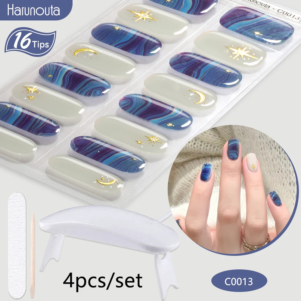 Harunouta 4pcs/set Gradient Jelly Semi Cured Gel Nail Strips with Nail Lamp Nude Pink Waterproof Nail Stickers Long Lasting Wrap