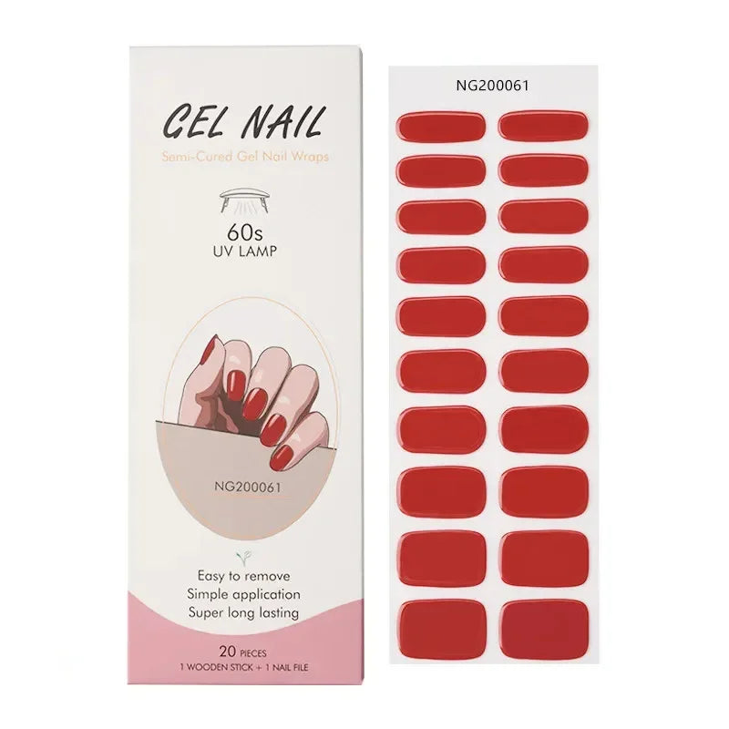 16/20Tips Semi-Cured Nail Wraps Simple Color Adhesive Full Cover Stickers for Nails UV Lamp Need Press On Nails DIY Manicure