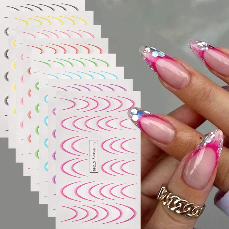 8pcs Gradient French Line Water Nail Stickers Set Colorful Stripe Ombre Designs Decals Guides for DIY Decoration Stencil Tools