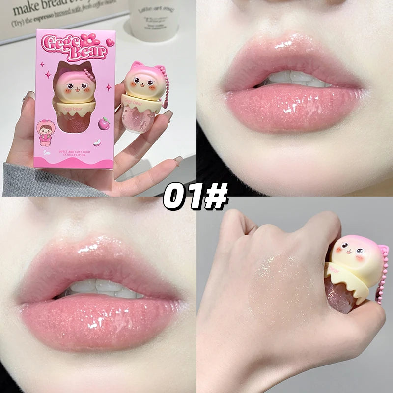 Gege Bear Cute Fruit-Flavored Lip Oil, Can be Key Pendant, Hydrating & Moisturizing Lip Balm for Lipstick Base, Reduces Lip Line