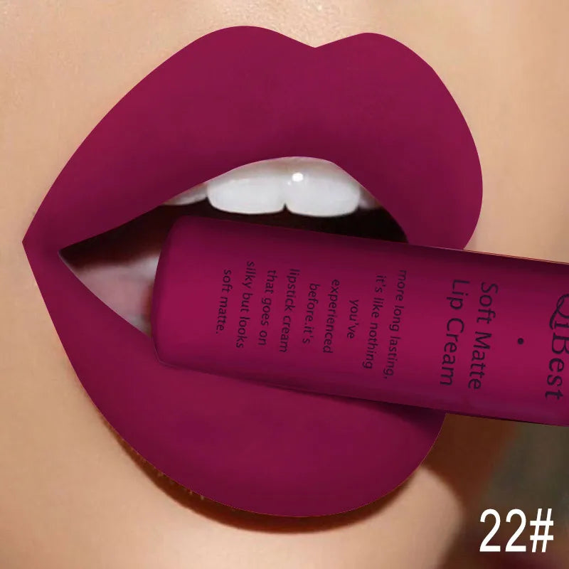 QIBEST Matte Liquid Lipstick Sexy Red Black Nude Lipgloss Waterproof Long Lasting Velvet Lip Gloss Makeup Lip Stain Tint 34Color