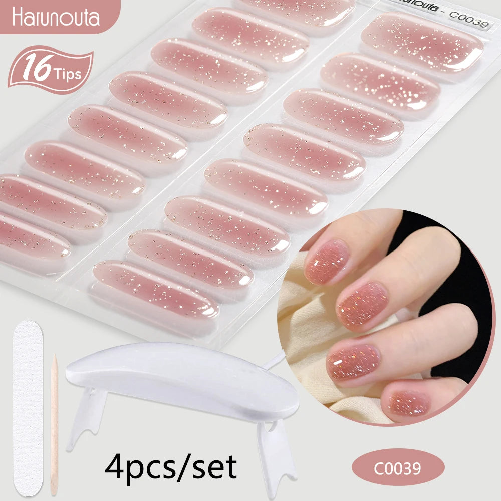 Harunouta 4pcs/set Gradient Jelly Semi Cured Gel Nail Strips with Nail Lamp Nude Pink Waterproof Nail Stickers Long Lasting Wrap