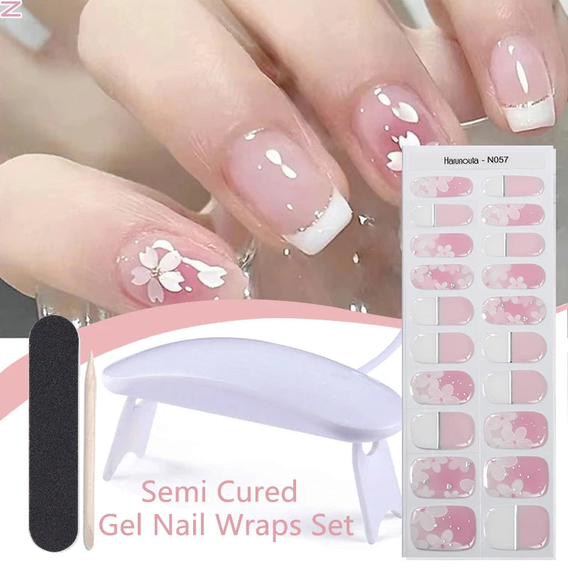 Harunouta 4pcs/set Gradient Jelly Semi Cured Gel Nail Strips with Nail Lamp Nude Pink Waterproof Nail Stickers Long Lasting Wrap