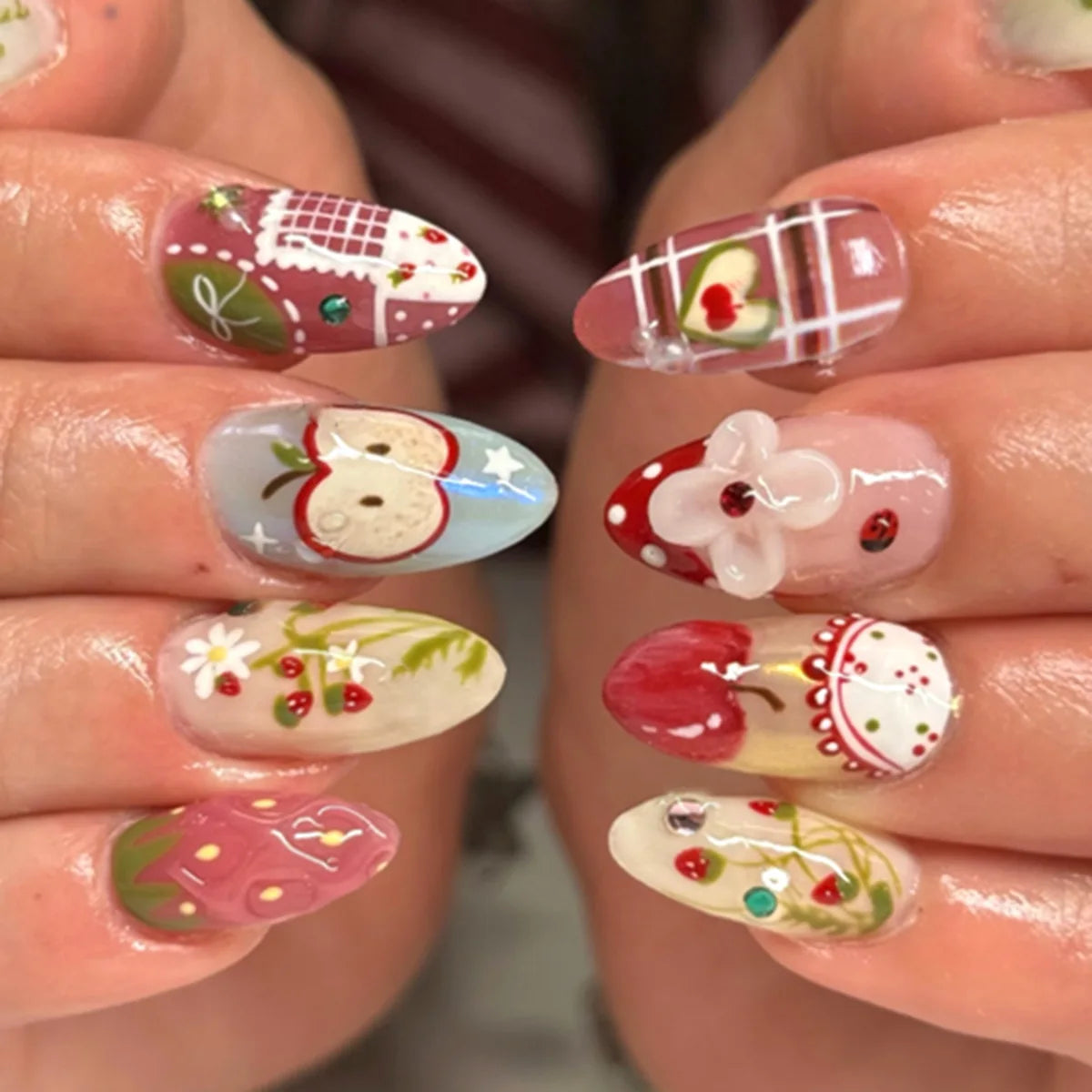 24PCS Wine Red Almond Press on Nails Cartoon Rabbit Bowknot with Plaid Pearl Designs French Fake Nails for Girls Detachable Nail